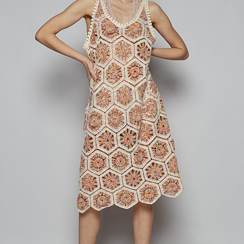 Pol Crocheted Hexagon Midi Dress In Cream One Size Brand New